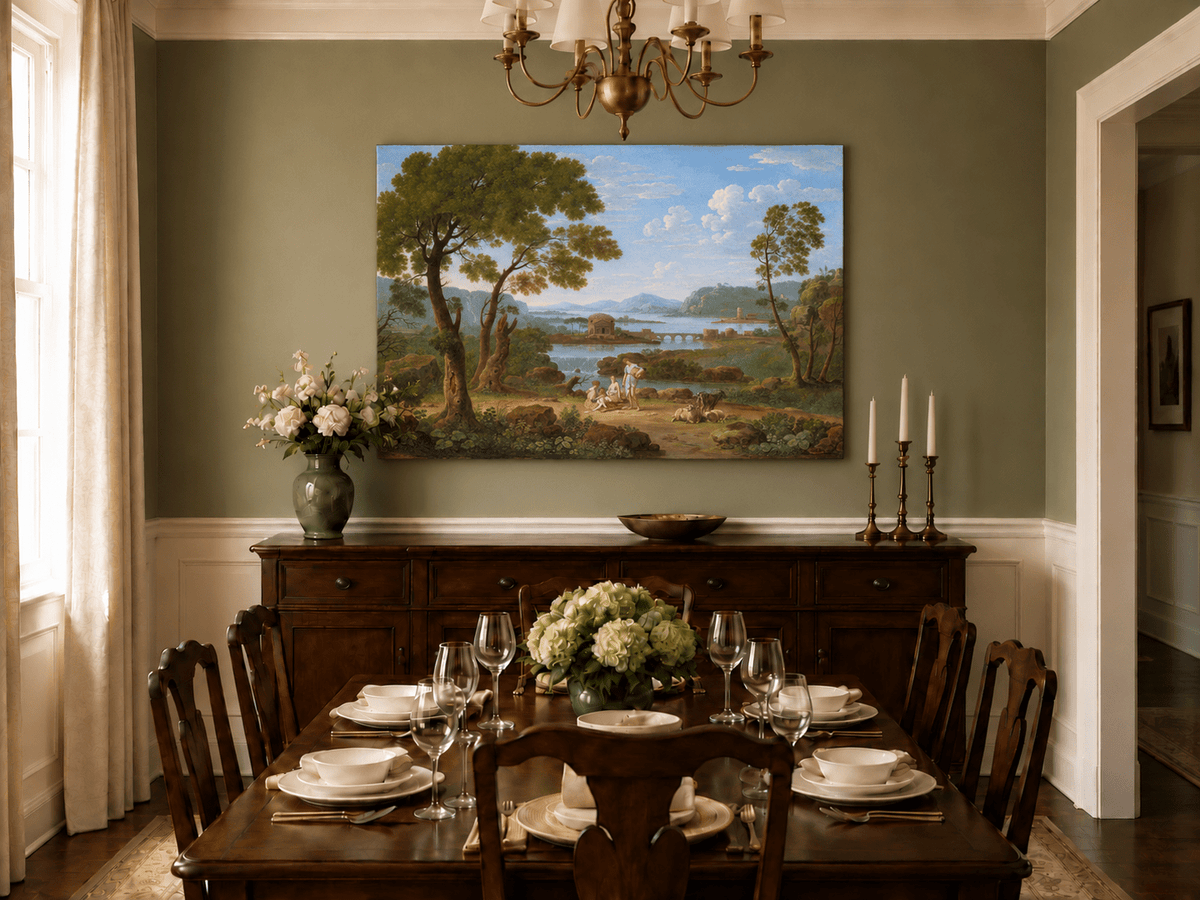 Hand-painted Classical River View with Figures landscape oil painting displayed as wall art in a styled interior