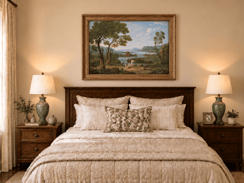 Hand-painted Classical River View with Figures landscape oil painting displayed as wall art in a styled interior