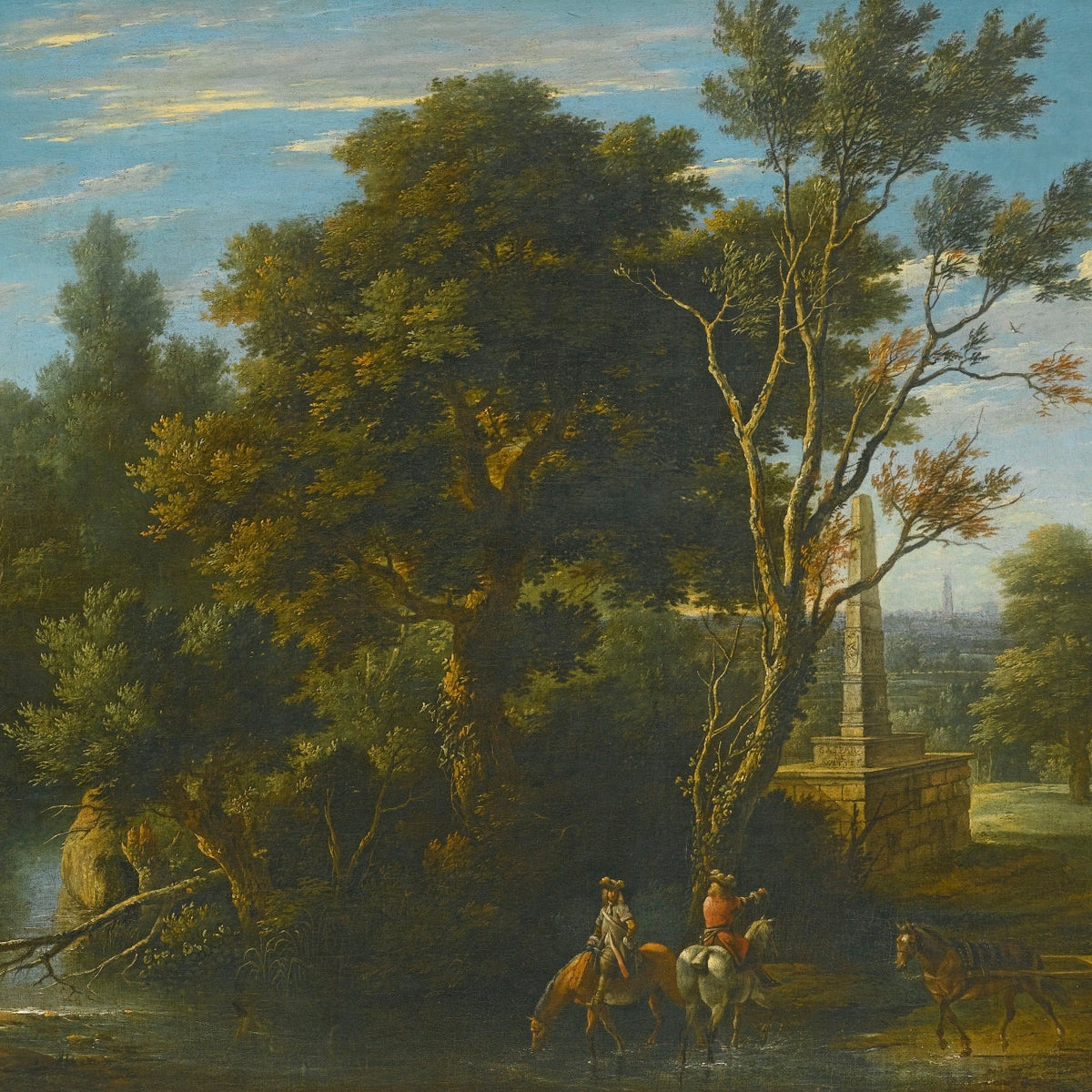 Hand-painted classical riverbank riders scene landscape oil painting on canvas