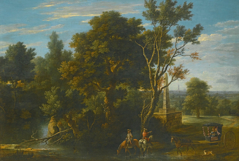Hand-painted classical riverbank riders scene landscape oil painting on canvas