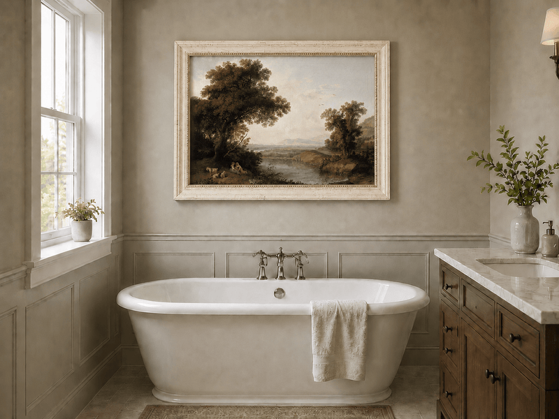 Landscape Oil Painting - Classical Riverside Landscape at Sunset