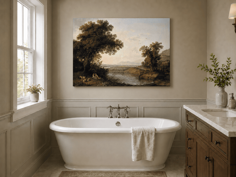 Landscape Oil Painting - Classical Riverside Landscape at Sunset