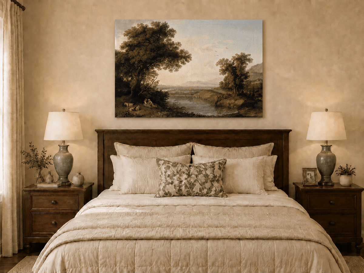 Landscape Oil Painting - Classical Riverside Landscape at Sunset