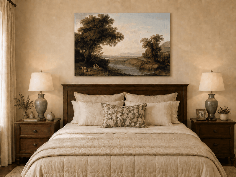 Landscape Oil Painting - Classical Riverside Landscape at Sunset