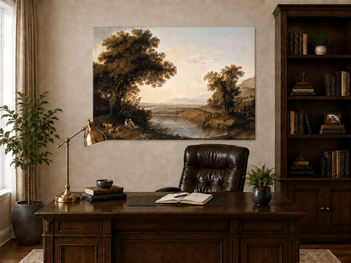 Landscape Oil Painting - Classical Riverside Landscape at Sunset