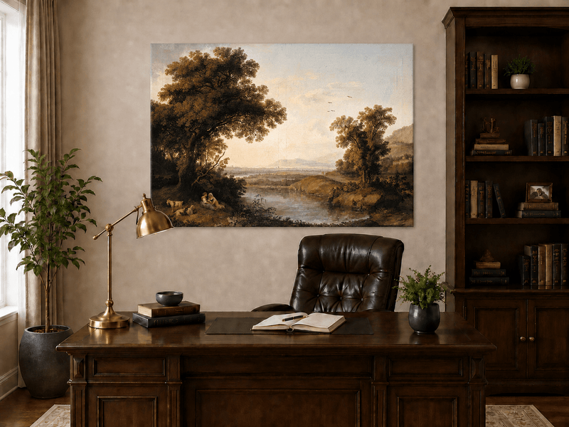 Landscape Oil Painting - Classical Riverside Landscape at Sunset