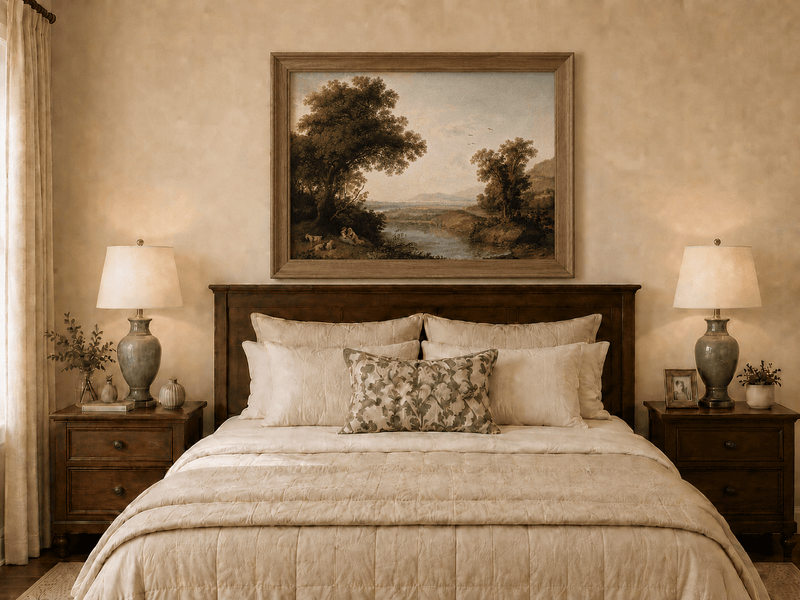 Landscape Oil Painting - Classical Riverside Landscape at Sunset