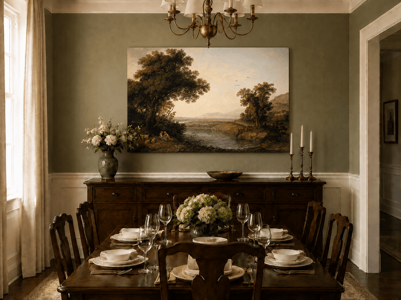 Landscape Oil Painting - Classical Riverside Landscape at Sunset