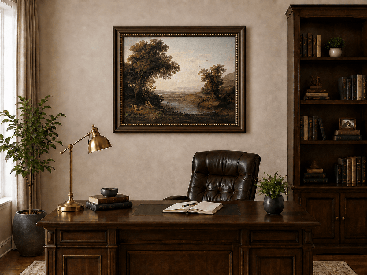 Landscape Oil Painting - Classical Riverside Landscape at Sunset