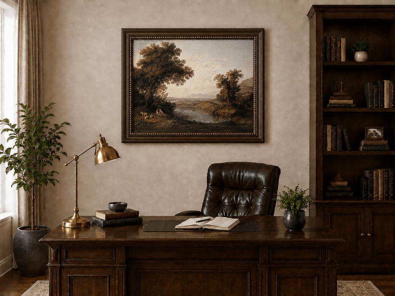 Landscape Oil Painting - Classical Riverside Landscape at Sunset