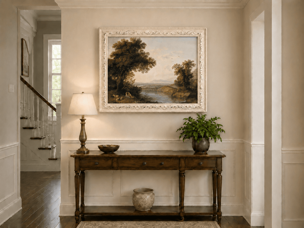 Landscape Oil Painting - Classical Riverside Landscape at Sunset