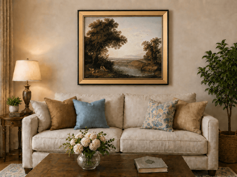 Landscape Oil Painting - Classical Riverside Landscape at Sunset