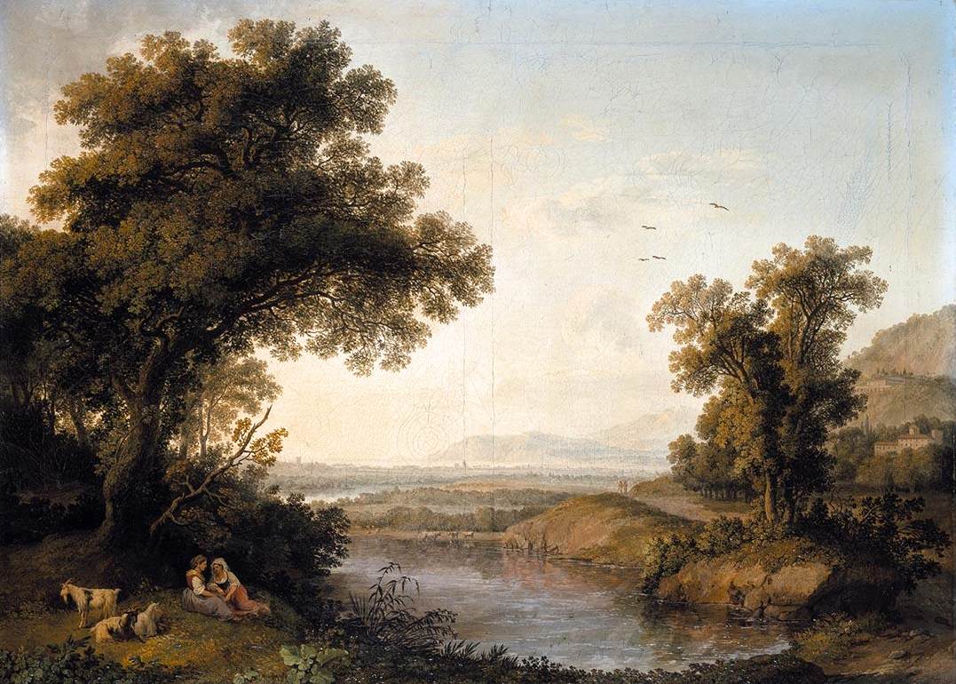Hand-painted classical riverside landscape at sunset oil painting on canvas