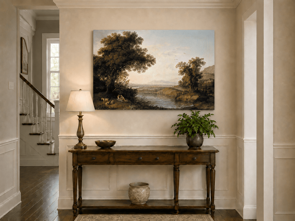 Landscape Oil Painting - Classical Riverside Landscape at Sunset