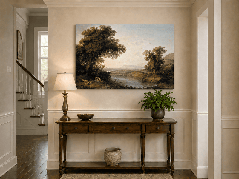 Landscape Oil Painting - Classical Riverside Landscape at Sunset