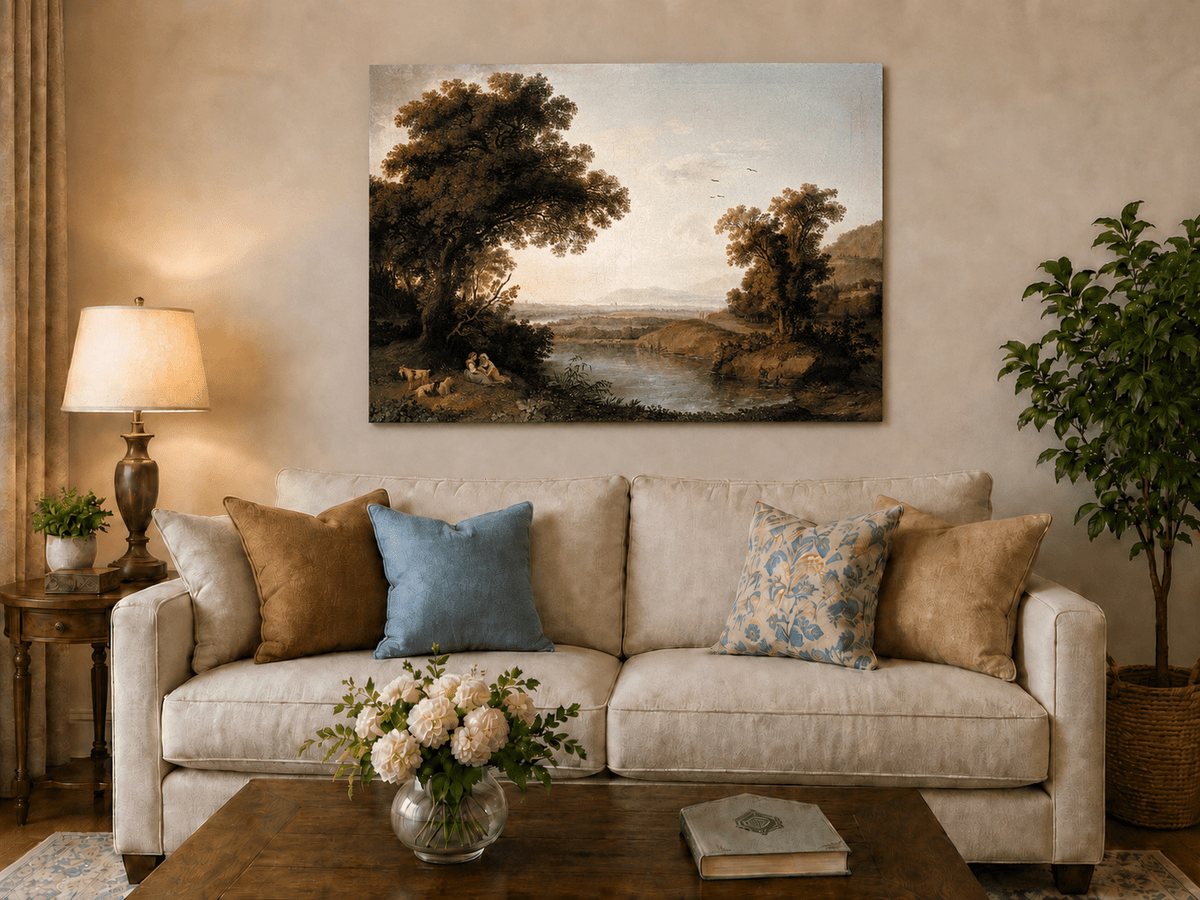 Landscape Oil Painting - Classical Riverside Landscape at Sunset