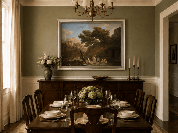 Classical riverside ruins oil landscape artwork shown in a styled home interior.