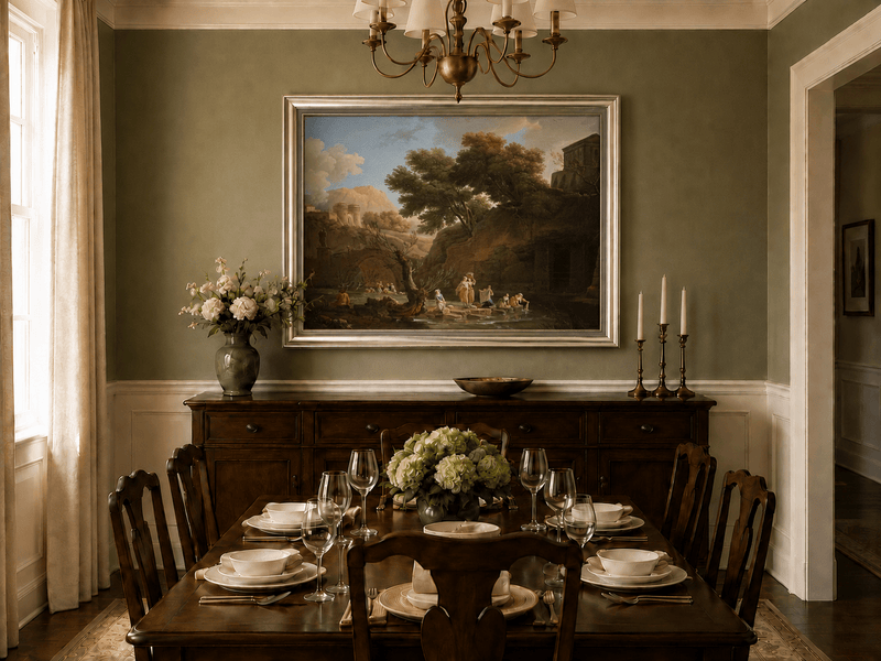 Classical riverside ruins oil landscape artwork shown in a styled home interior.