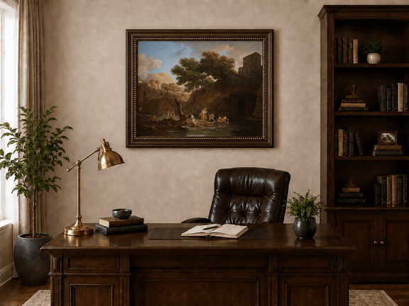 Riverside ruins with figures landscape oil painting presented in an interior wall art mockup.