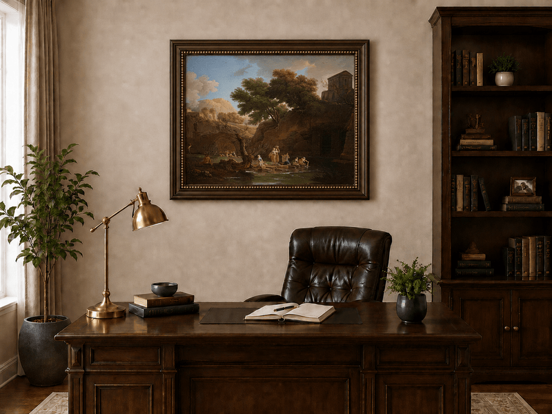Riverside ruins with figures landscape oil painting presented in an interior wall art mockup.