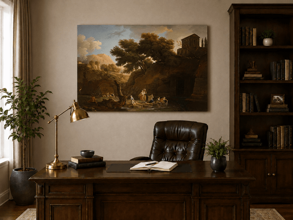 Interior wall art view featuring classical riverside ruins with figures oil painting.