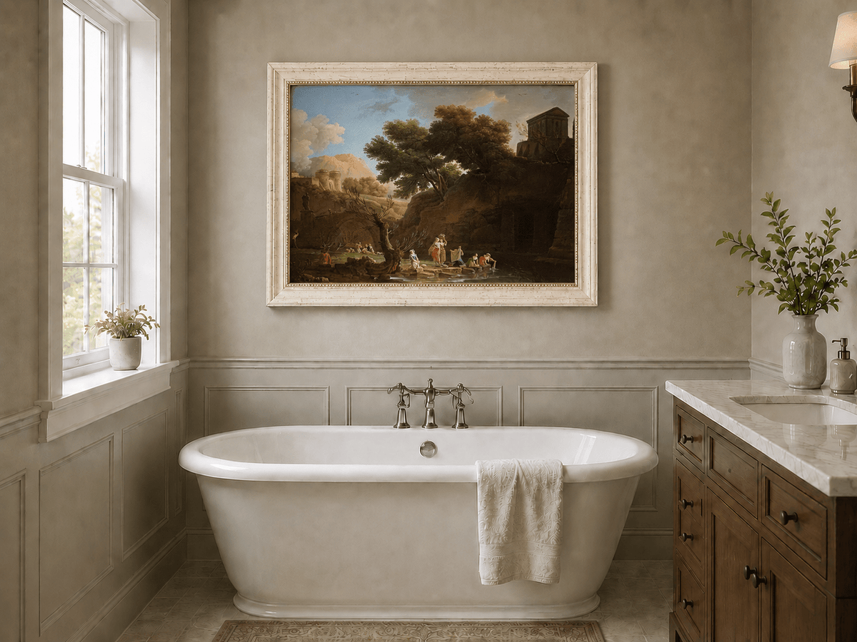 Riverside ruins landscape oil painting presented as interior home decor.