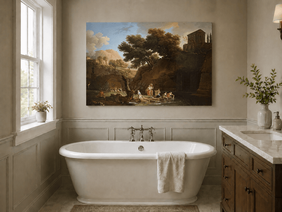 Classical riverside ruins with figures landscape oil painting presented as styled home decor.