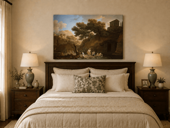 Classical riverside ruins oil painting displayed as landscape wall decor.
