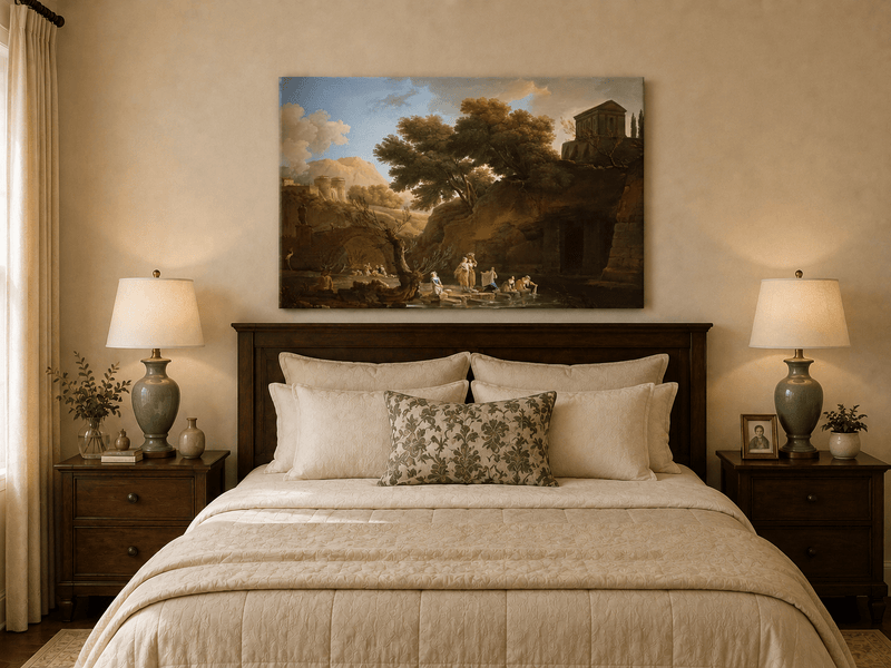 Classical riverside ruins oil painting displayed as landscape wall decor.