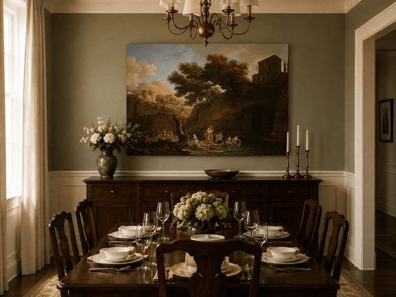 Hand-painted classical ruins and riverside landscape artwork in an interior display.