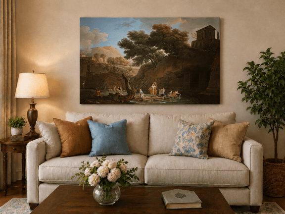 Classical ruins and figures hand-painted oil artwork displayed in a second interior view.