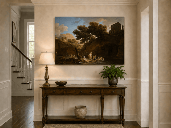 Classical riverside landscape painting shown as decorative oil wall art.