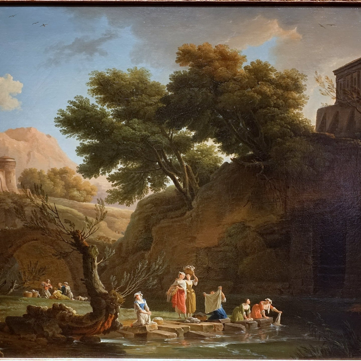 Hand-painted classical riverside ruins with figures landscape oil painting on canvas