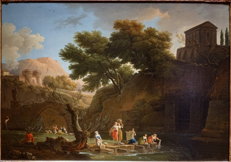 Hand-painted classical riverside ruins with figures landscape oil painting on canvas