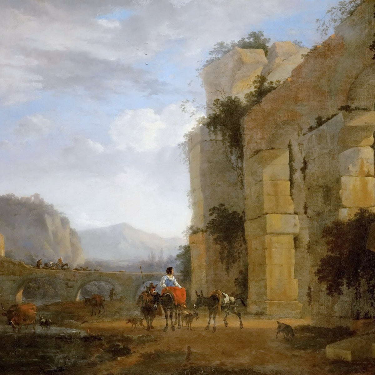 Landscape Oil Painting - Classical Ruins and Bridge Scene - Oil Painting Haven