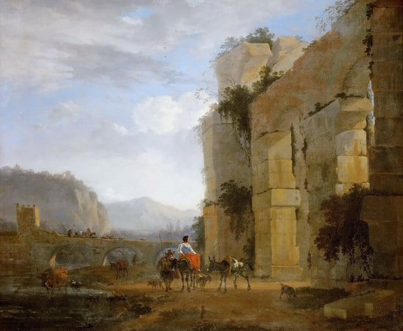Landscape Oil Painting - Classical Ruins and Bridge Scene - Oil Painting Haven