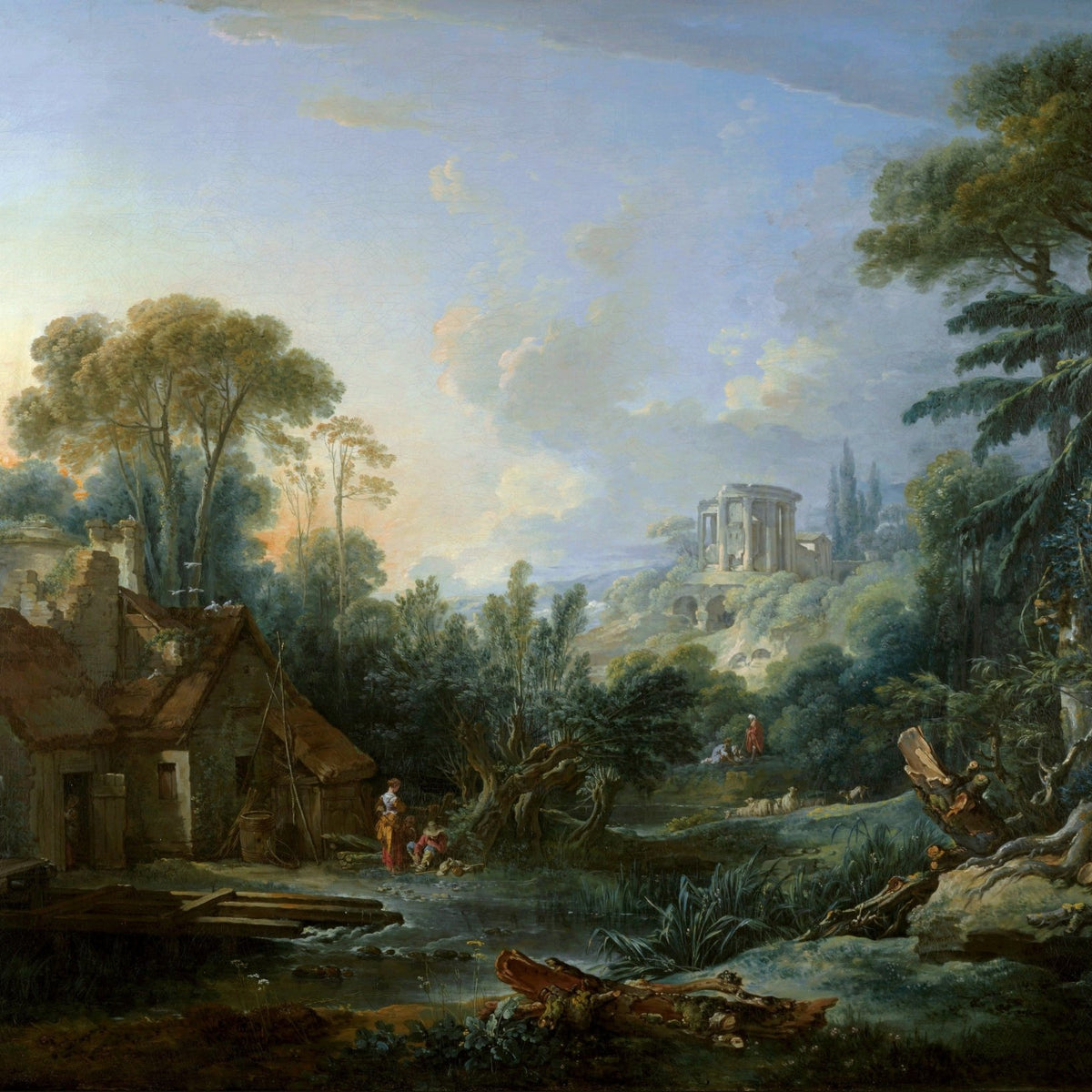 Landscape oil painting depicting classical ruins atop a hill with lush trees and a rustic cottage by a calm river, hand. - Add Frame, Architecture, Canvas, Country, Hand Painted, Landscape, Made To Order, Oil Painting