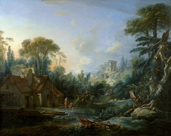 Landscape oil painting depicting classical ruins atop a hill with lush trees and a rustic cottage by a calm river, hand. - Add Frame, Architecture, Canvas, Country, Hand Painted, Landscape, Made To Order, Oil Painting