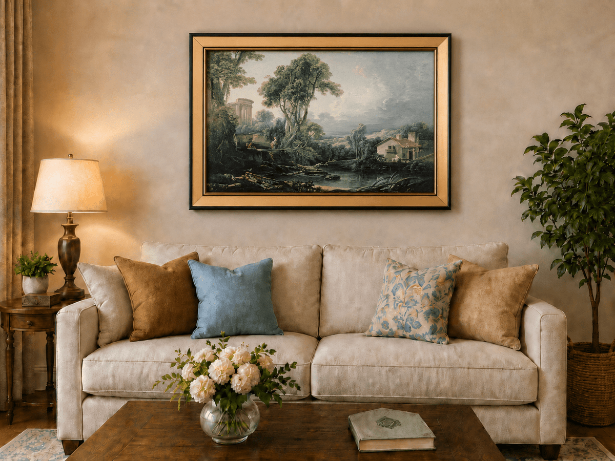Landscape Oil Painting - Classical Ruins and River Cottage Scene