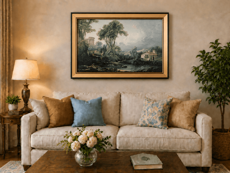 Landscape Oil Painting - Classical Ruins and River Cottage Scene