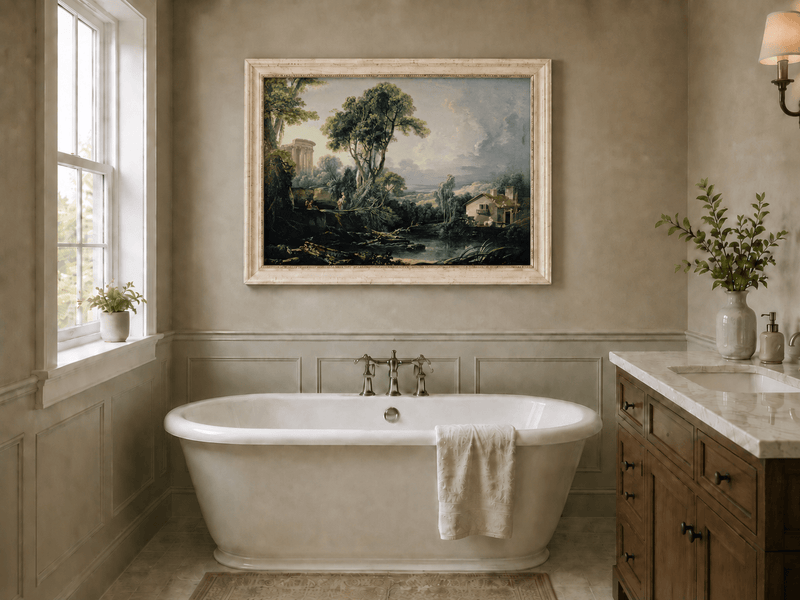 Landscape Oil Painting - Classical Ruins and River Cottage Scene