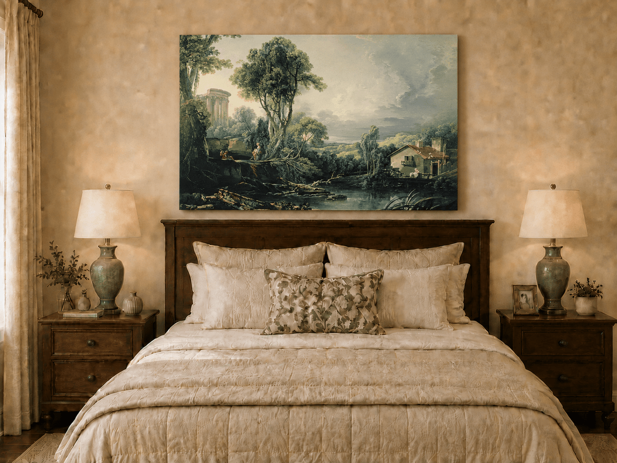 Landscape Oil Painting - Classical Ruins and River Cottage Scene