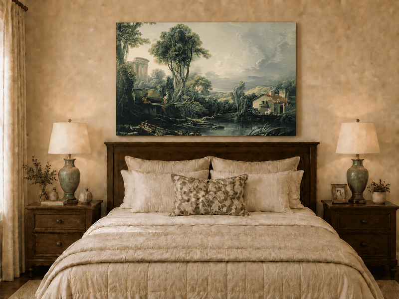 Landscape Oil Painting - Classical Ruins and River Cottage Scene
