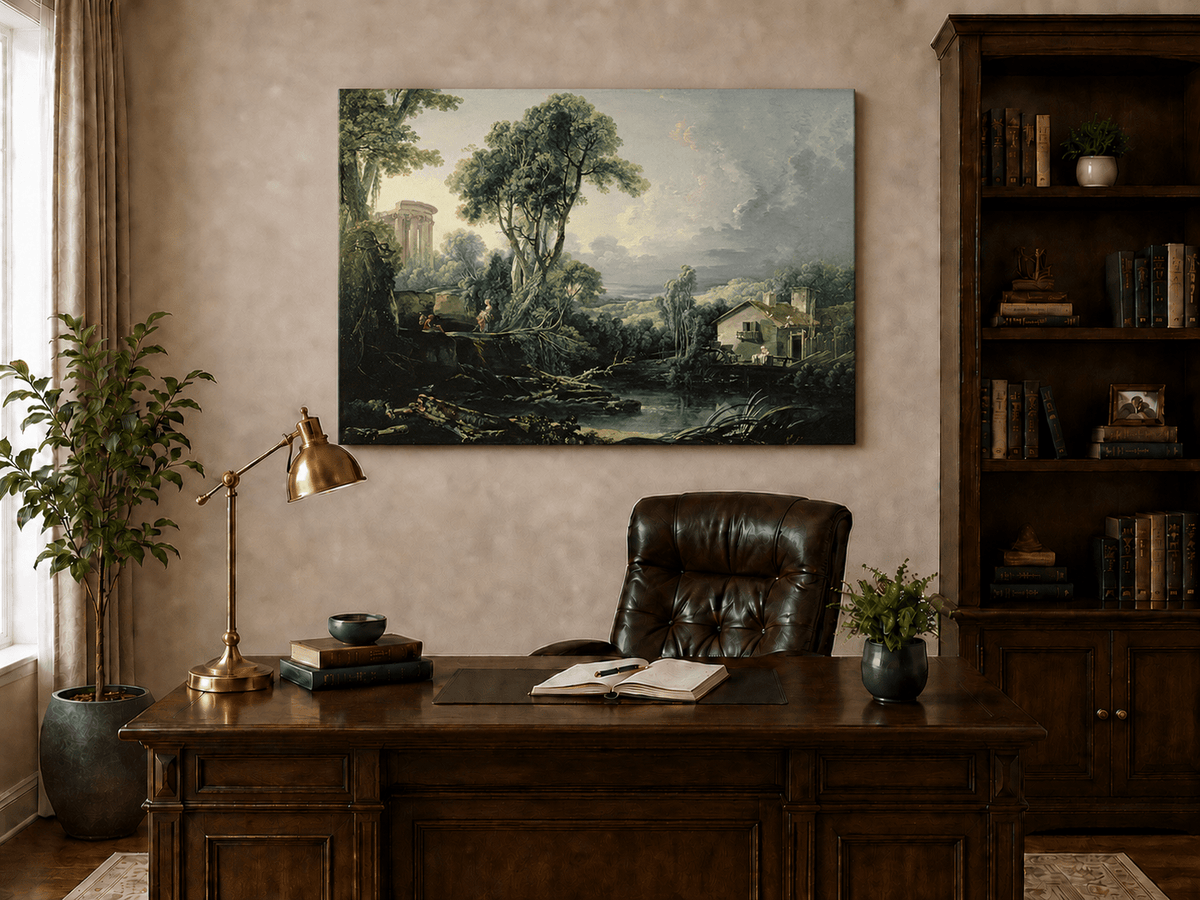 Landscape Oil Painting - Classical Ruins and River Cottage Scene