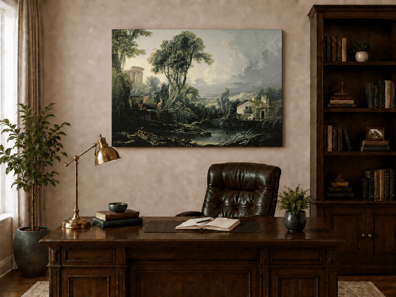 Landscape Oil Painting - Classical Ruins and River Cottage Scene