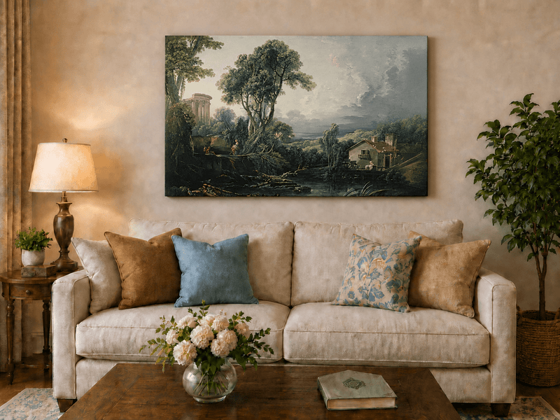 Landscape Oil Painting - Classical Ruins and River Cottage Scene