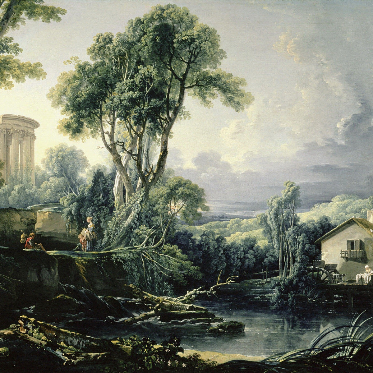 Landscape oil painting with classical ruins beside a river, featuring a country cottage and lush trees, textured brushwork. - Add Frame, Architecture, Canvas, Cottage, Country, Hand Painted, Landscape, Made To Order, Oil Painting, River