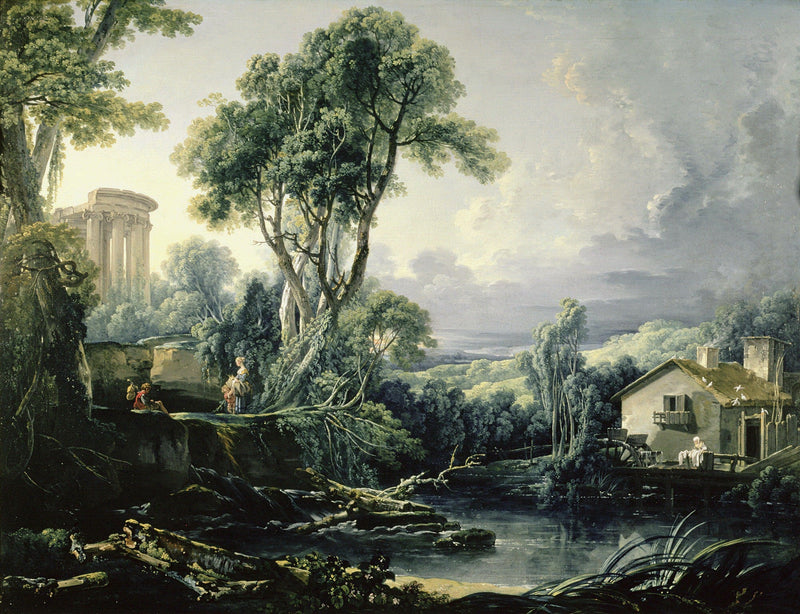 Landscape oil painting with classical ruins beside a river, featuring a country cottage and lush trees, textured brushwork. - Add Frame, Architecture, Canvas, Cottage, Country, Hand Painted, Landscape, Made To Order, Oil Painting, River