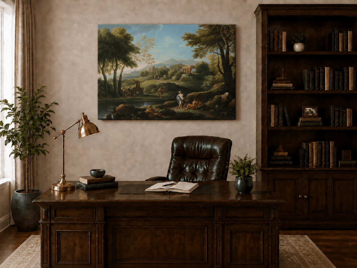 Peinture à l'huile de paysage - Village côtier avec phare et coucher de soleil