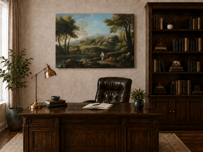 Peinture à l'huile de paysage - Village côtier avec phare et coucher de soleil